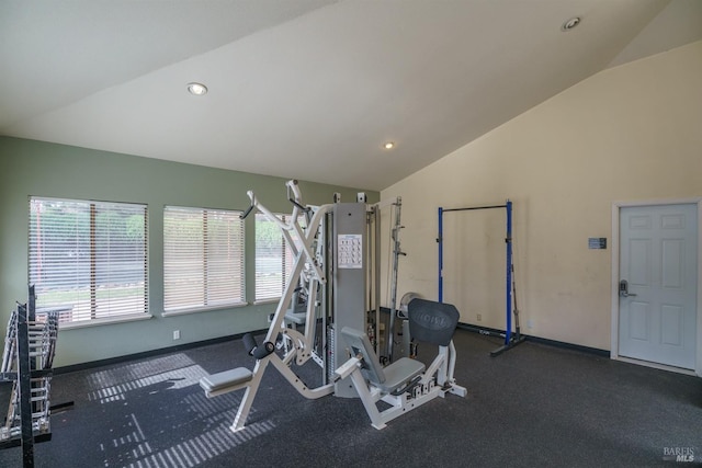 workout room with high vaulted ceiling, recessed lighting, and baseboards