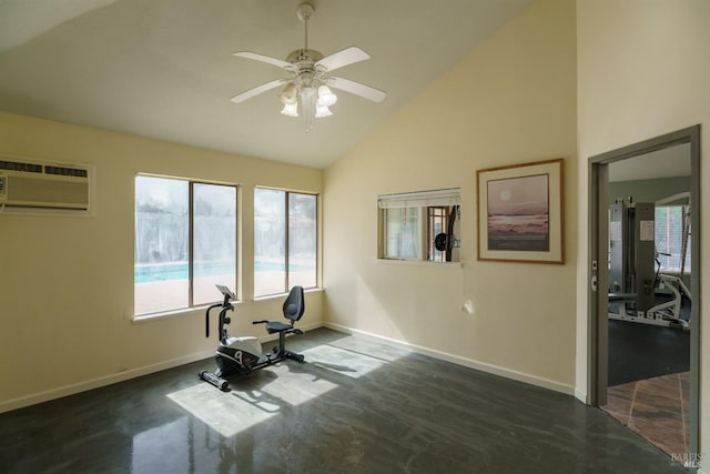 exercise area featuring high vaulted ceiling, ceiling fan, baseboards, and a wall mounted AC