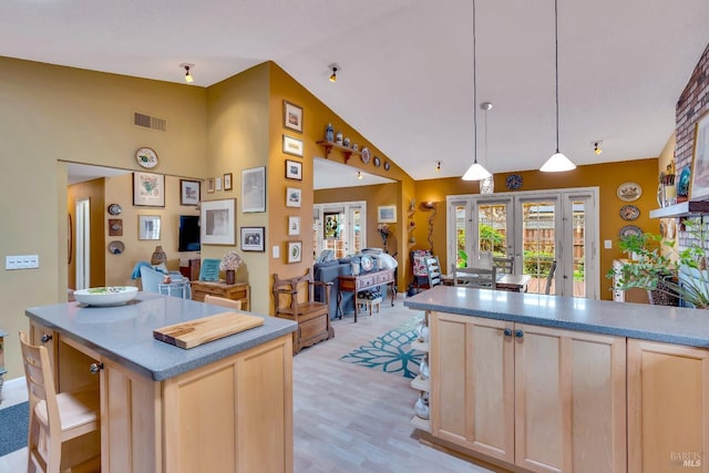 kitchen featuring french doors, open floor plan, and light brown cabinetry