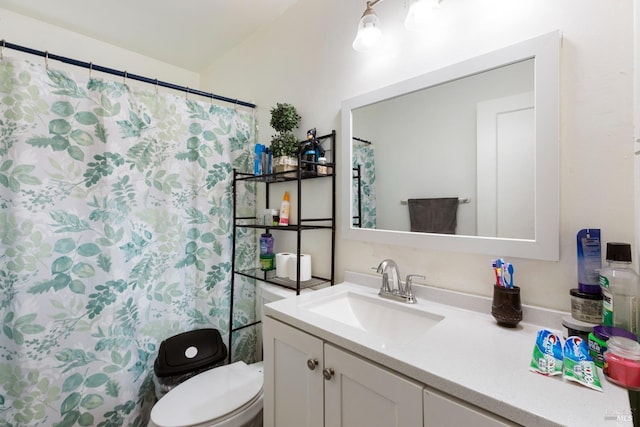 full bath featuring toilet, a shower with shower curtain, and vanity