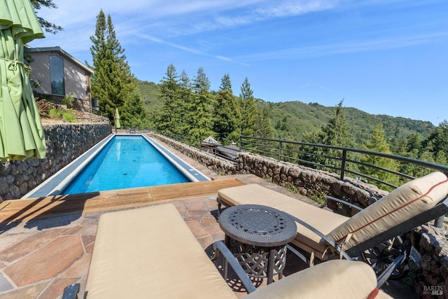 view of swimming pool featuring a fenced in pool, a patio, and a view of trees