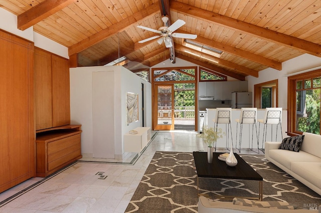 unfurnished living room with high vaulted ceiling, a skylight, beam ceiling, and wooden ceiling