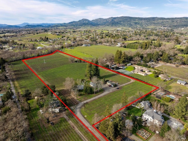 birds eye view of property with a rural view and a mountain view