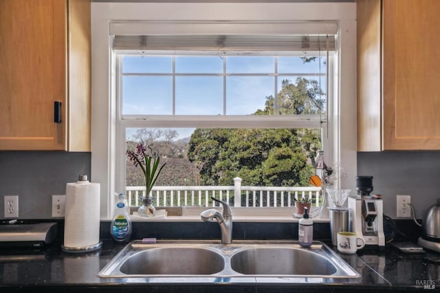 kitchen with dark countertops and a sink