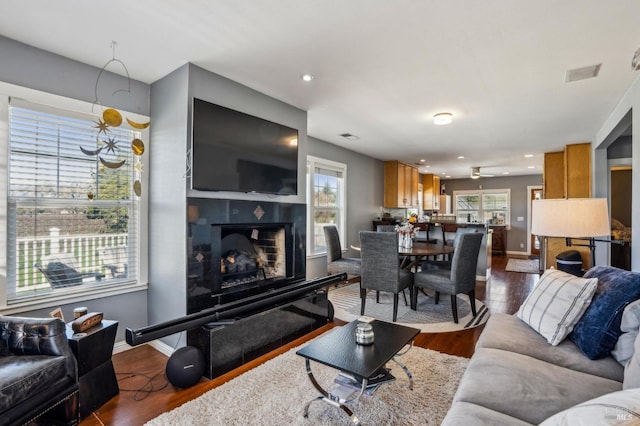 living room with a fireplace, dark wood-style flooring, and a healthy amount of sunlight