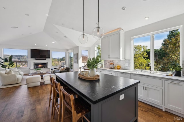 kitchen featuring lofted ceiling, a lit fireplace, dark wood-style flooring, and a sink