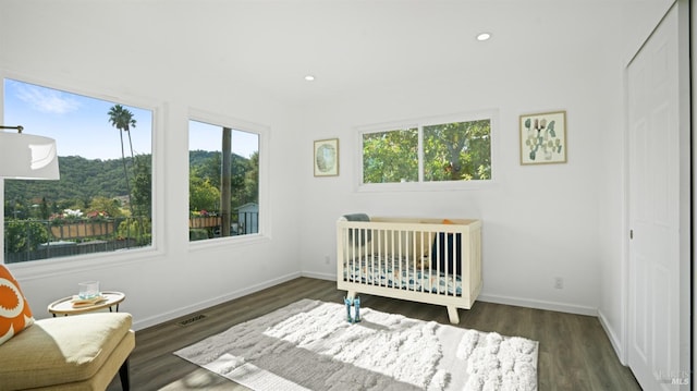 bedroom with multiple windows, wood finished floors, and baseboards