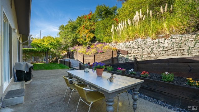 view of patio with outdoor dining space, a fenced backyard, and area for grilling