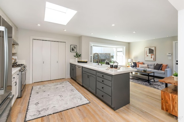 kitchen with light wood finished floors, stainless steel appliances, gray cabinets, a sink, and a peninsula