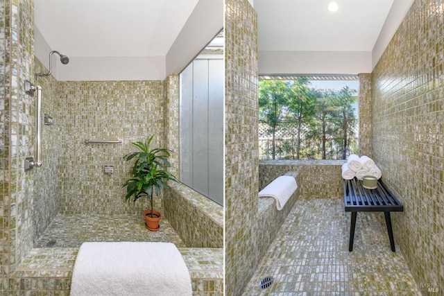 bathroom with a tile shower