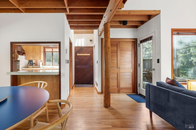 dining room featuring a healthy amount of sunlight, light wood finished floors, and beam ceiling