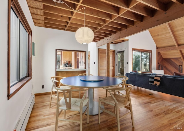 dining space with wooden ceiling, baseboards, baseboard heating, light wood finished floors, and beamed ceiling