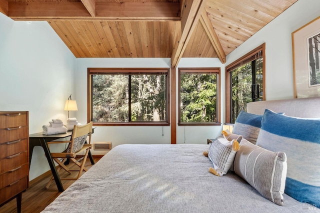 bedroom with wood ceiling, lofted ceiling with beams, and wood finished floors