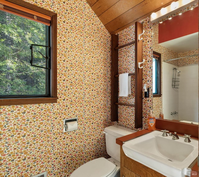 full bathroom featuring toilet, a shower, wooden ceiling, and tile walls