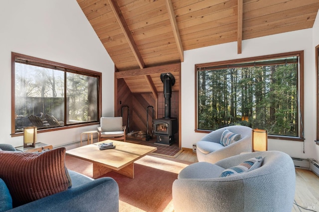 living area with a wood stove, a healthy amount of sunlight, vaulted ceiling with beams, and wooden ceiling