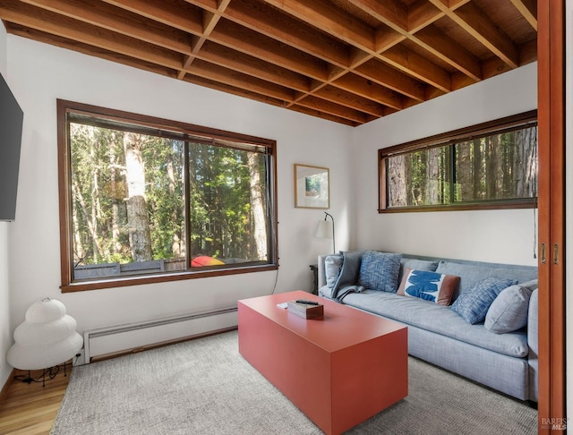 living area featuring a baseboard radiator and coffered ceiling