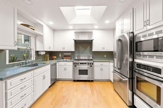 kitchen with light wood-type flooring, white cabinetry, a sink, and high quality appliances