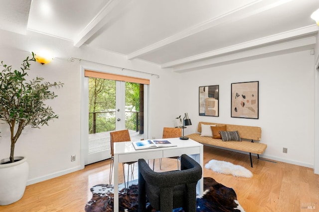 office area with french doors, beamed ceiling, light wood-style flooring, and baseboards