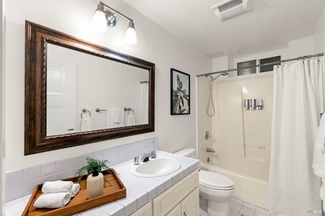 bathroom with shower / tub combo, visible vents, toilet, tile patterned flooring, and vanity