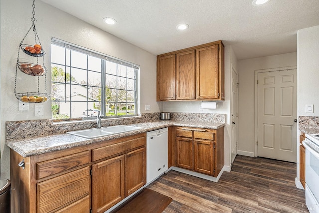 kitchen with white appliances, dark wood finished floors, brown cabinetry, and a sink