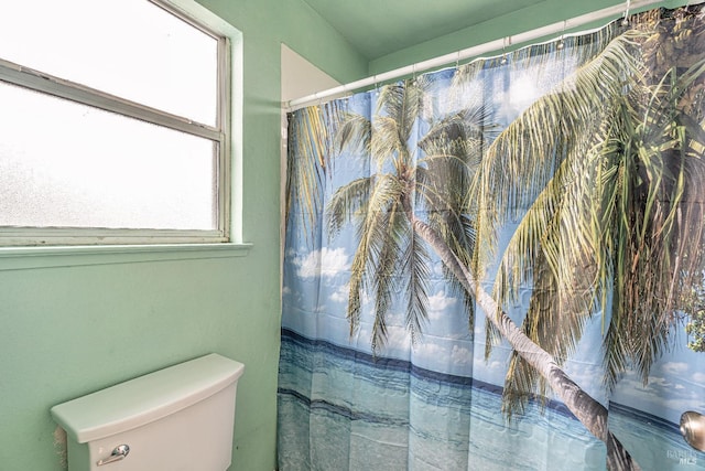 bathroom with curtained shower and toilet