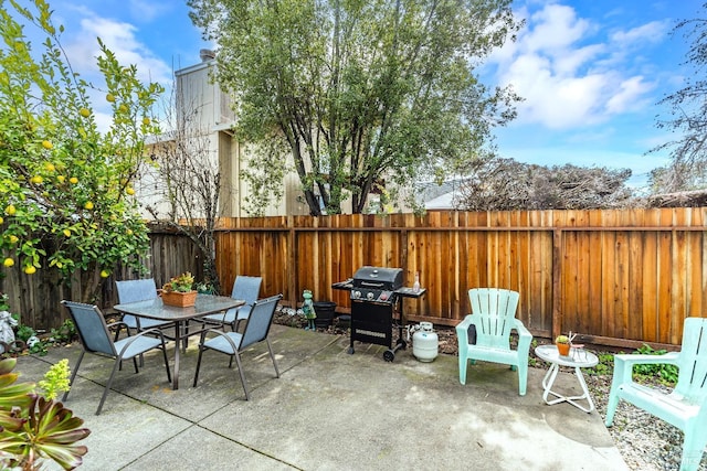 view of patio with outdoor dining space, a fenced backyard, and grilling area