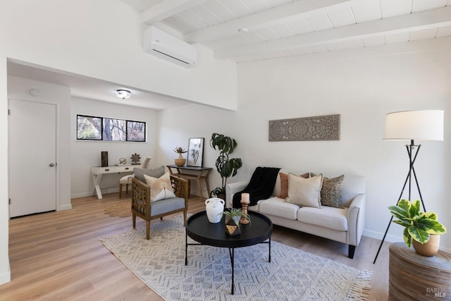 living area with vaulted ceiling with beams, wooden ceiling, baseboards, a wall mounted AC, and light wood-type flooring