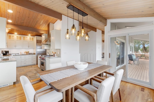 dining room featuring lofted ceiling with beams, wooden ceiling, light wood-style flooring, and a chandelier