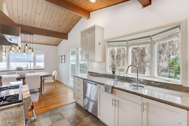 kitchen with stone counters, lofted ceiling with beams, a sink, dishwasher, and exhaust hood