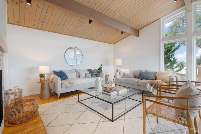 living area featuring a fireplace, light wood finished floors, wooden ceiling, beamed ceiling, and baseboards