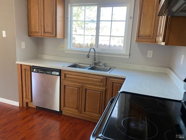 kitchen with brown cabinets, a sink, and stainless steel dishwasher