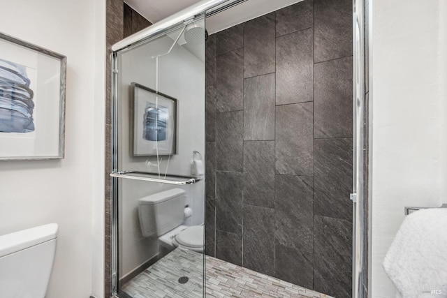 full bathroom featuring a stall shower and toilet