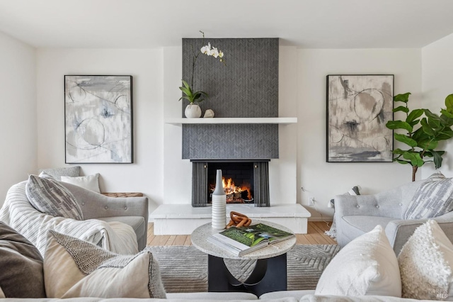 living room featuring a large fireplace and wood finished floors