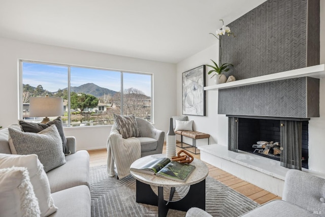 living room with a mountain view, a fireplace, and wood finished floors