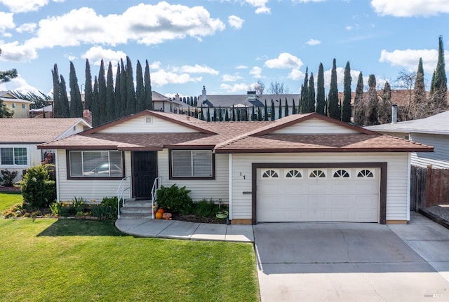 single story home with concrete driveway, a front lawn, and an attached garage