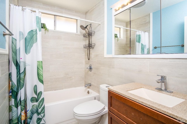 full bathroom with shower / tub combo with curtain, tile walls, decorative backsplash, toilet, and vanity