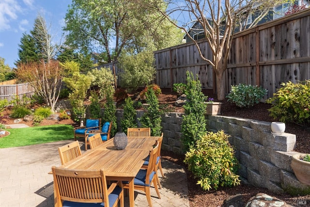 view of patio featuring a fenced backyard and outdoor dining area