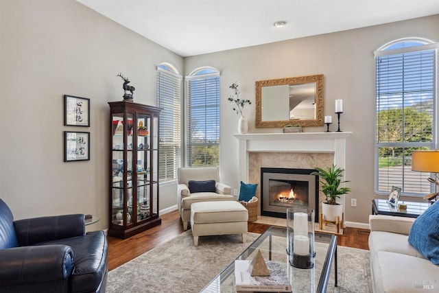 living area with a fireplace, baseboards, a wealth of natural light, and wood finished floors
