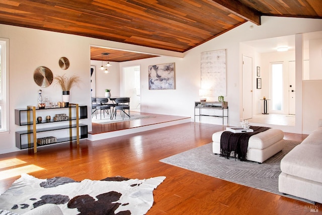 living area with lofted ceiling with beams, wood ceiling, and wood finished floors