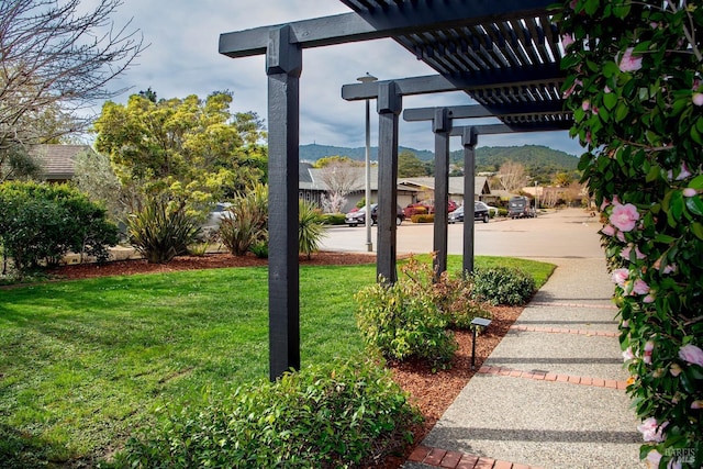 view of yard featuring a patio area, a mountain view, and a pergola