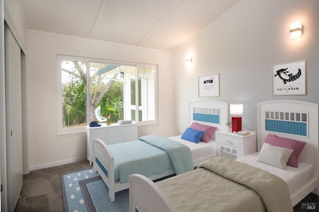 carpeted bedroom featuring vaulted ceiling and baseboards