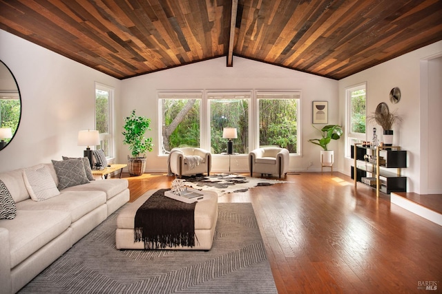 living room featuring wooden ceiling, vaulted ceiling, and hardwood / wood-style floors