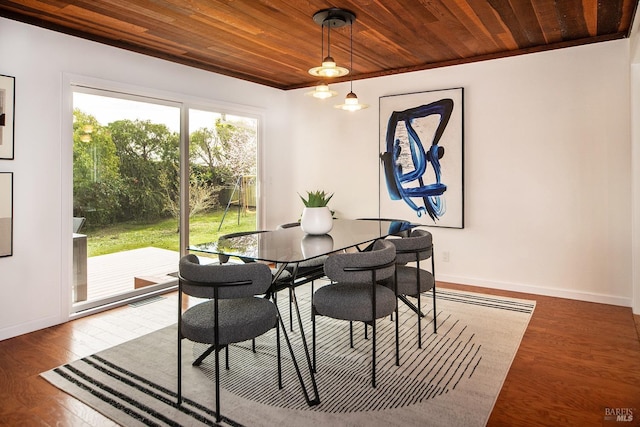 dining area featuring wood ceiling, baseboards, and wood finished floors