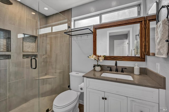 full bathroom featuring toilet, a shower stall, and vanity