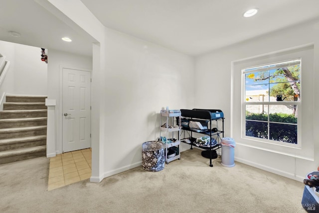 misc room featuring stairs, baseboards, carpet flooring, and recessed lighting
