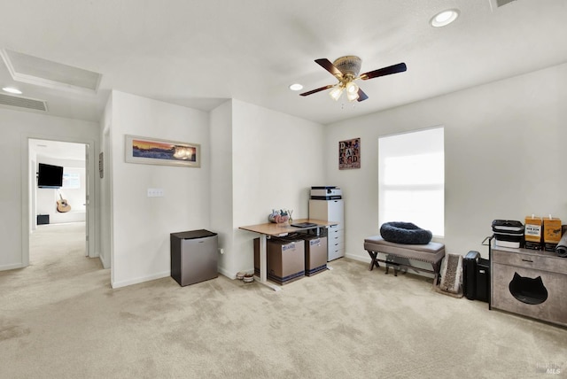misc room featuring attic access, recessed lighting, carpet flooring, and visible vents