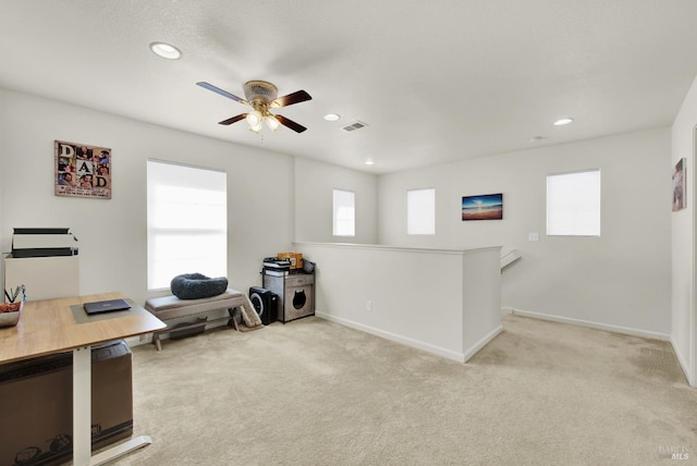 office with recessed lighting, visible vents, light carpet, and baseboards