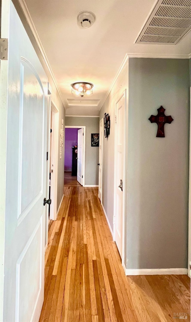 corridor with light wood-type flooring, baseboards, visible vents, and ornamental molding