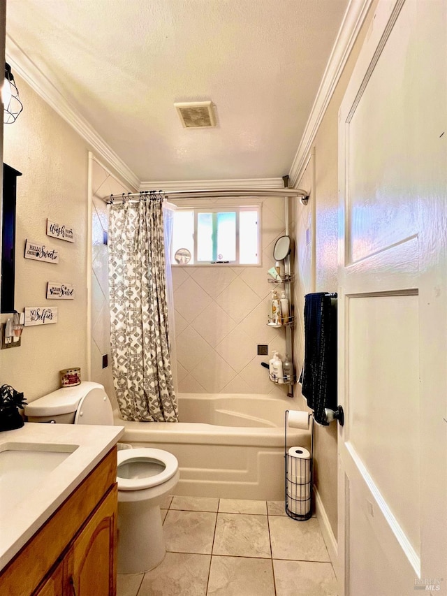 bathroom with visible vents, toilet, tile patterned flooring, shower / bath combination with curtain, and crown molding