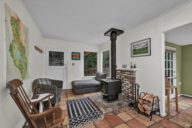 14031 Ettawa Springs Rd, Middletown, CA 95461 - interior space featuring ornamental molding, a wood stove, and baseboards